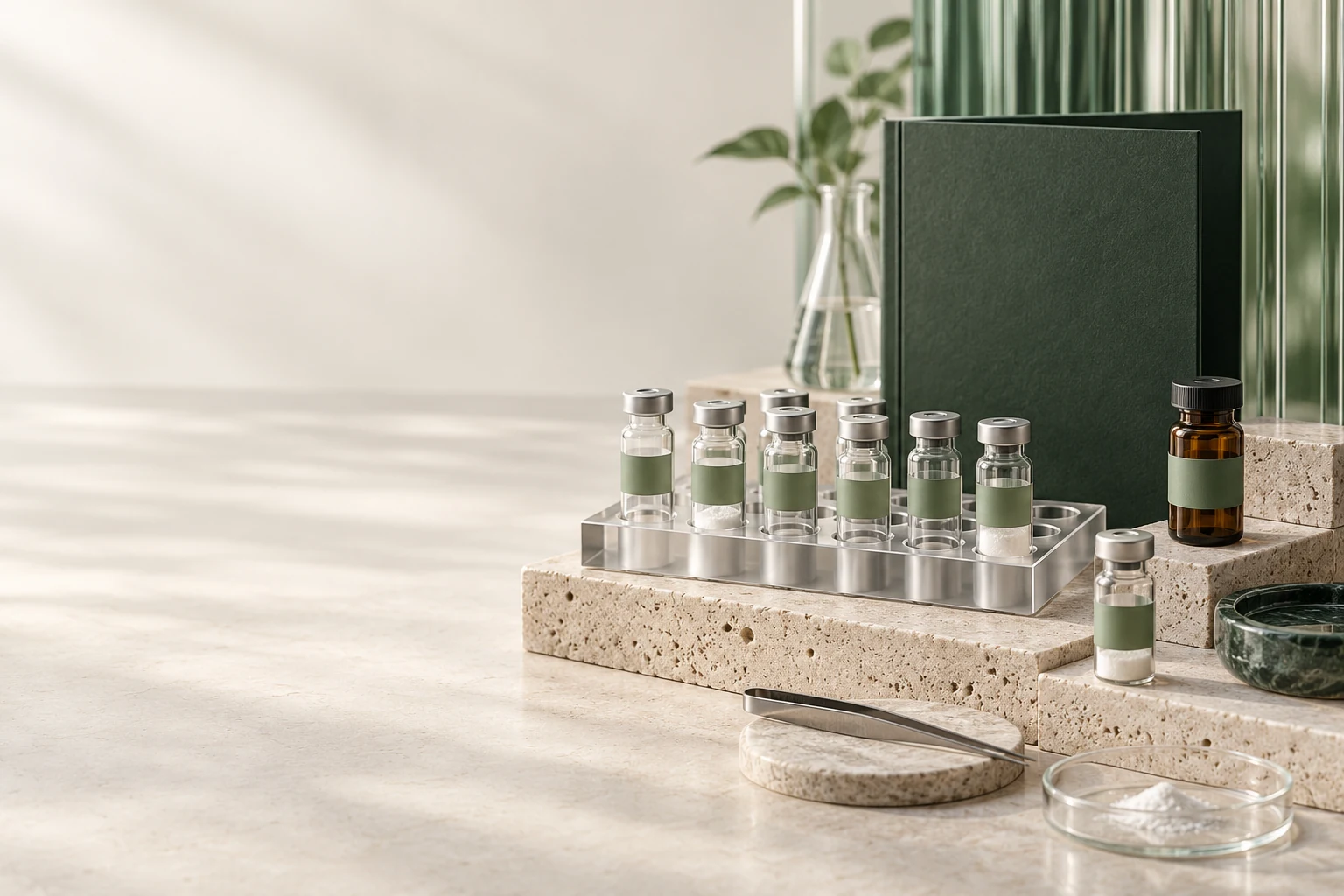 Research sample vials in a sage laboratory tray beside a forest green specification folder